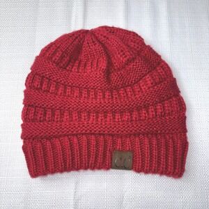 CC Beanie Hat Knit Cap Winter Warm Cable Knit Cuffed‎ Red Womens